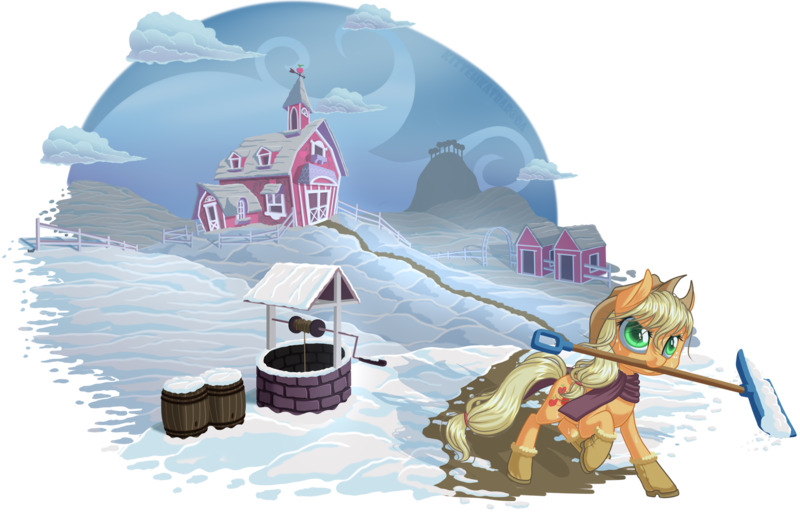 Size: 1625x1040 | Tagged: applejack, artist:kittehkatbar, barrel, boots, clothes, derpibooru import, mouth hold, safe, scarf, shoes, simple background, snow, snow shovel, solo, sweet apple acres, transparent background, well, winter