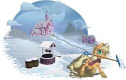 Size: 1625x1040 | Tagged: applejack, artist:kittehkatbar, barrel, boots, clothes, derpibooru import, mouth hold, safe, scarf, shoes, simple background, snow, snow shovel, solo, sweet apple acres, transparent background, well, winter