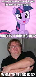 Size: 518x1116 | Tagged: safe, derpibooru import, twilight sparkle, human, pony, unicorn, season 3, crossed arms, female, gabe newell, glasses, irl, irl human, male, mare, photo, sunburst background, unicorn twilight, valve logic, vulgar, worth the weight