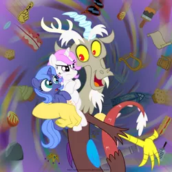 Size: 1024x1022 | Tagged: safe, artist:aleximusprime, derpibooru import, discord, princess celestia, princess luna, pony, age of the alicorns, celestia is not amused, cewestia, chaos, discord being discord, filly, woona, young, younger