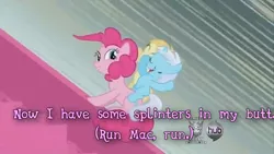 Size: 640x360 | Tagged: safe, derpibooru import, edit, edited screencap, screencap, pinkie pie, earth pony, pony, unicorn, female, filly, literal butthurt, literal music video, mare