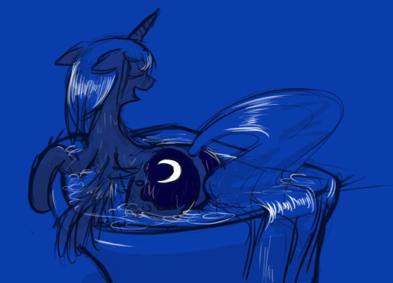 Size: 827x594 | Tagged: suggestive, artist:tetrapony, derpibooru import, princess luna, alicorn, pony, bath, bathtub, blue background, claw foot bathtub, cutie mark, eyes closed, facing away, female, moonbutt, plot, simple background, sketch, smiling, solo, solo female, water, wet mane