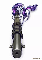 Size: 1995x2821 | Tagged: dead source, safe, artist:vombavr, derpibooru import, rarity, pony, unicorn, an/peq-15, ar15, cutie mark, eotech, female, gun, holographic sight, hooves, horn, looking at you, lying down, mare, picatinny rail, rifle, signature, simple background, sniper, sniper rifle, solo, suppressor, weapon, white background