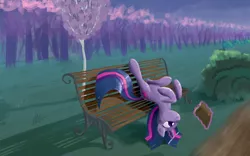 Size: 1920x1200 | Tagged: safe, artist:eytosh, derpibooru import, twilight sparkle, pony, unicorn, bench, book, bush, female, glowing horn, horn, magic, magic aura, mare, reading, solo, tree, unicorn twilight, upside down