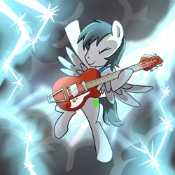 Size: 1500x1500 | Tagged: safe, artist:madmax, derpibooru import, oc, unofficial characters only, pegasus, pony, cloud, dark clouds, electricity, eyes closed, flying, guitar, guitar pick, smiling, solo, spread wings