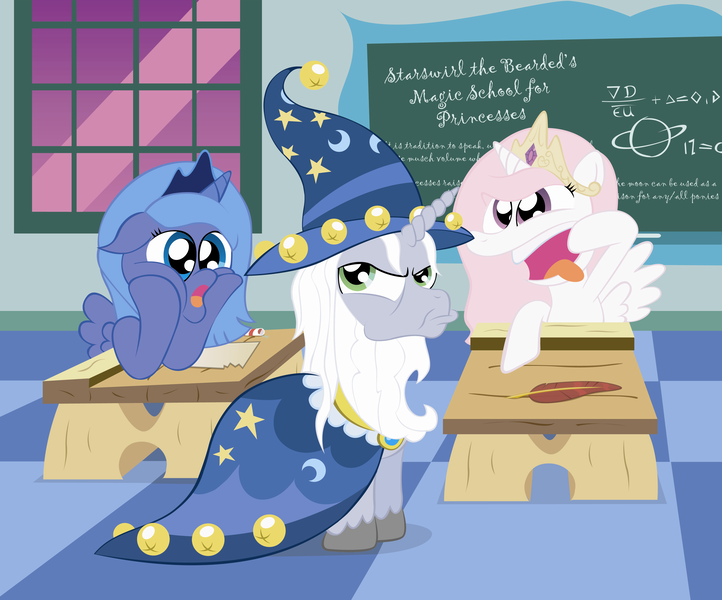 Size: 3852x3201 | Tagged: artist:t-3000, classroom, derpibooru import, filly, funny faces, high res, princess celestia, princess luna, safe, star swirl the bearded