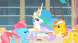 Size: 640x355 | Tagged: a bird in the hoof, carrot cake, cup cake, derpibooru import, princess celestia, safe, screencap, youtube caption