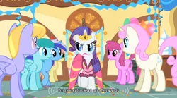 Size: 640x355 | Tagged: a bird in the hoof, berry punch, berryshine, clothes, cloud kicker, derpibooru import, dress, gala appleby, gala dress, jewelry, minuette, pink lady, rarity, safe, screencap, spring melody, sprinkle medley, tiara, twinkleshine, youtube caption