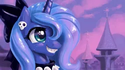 Size: 1920x1080 | Tagged: safe, artist:kp-shadowsquirrel, derpibooru import, princess luna, pony, acne, adorkable, bow, braces, bust, collar, cute, dork, female, filly, goth, lunabetes, portrait, s1 luna, skull, solo, wallpaper, young, younger