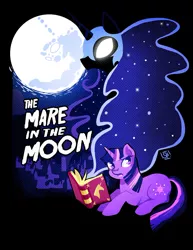 Size: 800x1035 | Tagged: safe, artist:steveholt, derpibooru import, nightmare moon, twilight sparkle, alicorn, pony, unicorn, book, female, full moon, hooves, horn, lineless, lying down, mare, mare in the moon, moon, open mouth, poster, prone, solo, text