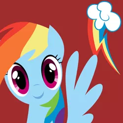 Size: 1000x1000 | Tagged: safe, artist:demonreapergirl, derpibooru import, rainbow dash, pegasus, pony, bust, female, lineless, looking at you, mare, portrait, red background, simple background, smiling, solo, spread wings, wings