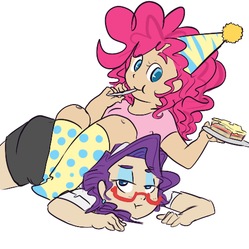 Size: 500x500 | Tagged: artist:mt, cake, clothes, derpibooru import, eating, food, glasses, hat, humanized, party hat, pinkie pie, rarity, safe, socks