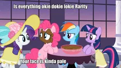 Size: 960x540 | Tagged: birthday dress, bowl, chocolate, clothes, derpibooru import, dress, edit, edited screencap, hat, hub logo, pinkie pie, rainbow dash, rarity, safe, screencap, sweet and elite, twilight sparkle