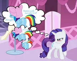 Size: 1408x1120 | Tagged: safe, derpibooru import, edit, edited screencap, screencap, rainbow dash, rarity, pegasus, pony, unicorn, angry, blushing, carousel boutique, close-up, embarrassed, eyes closed, female, frown, glare, lesbian, looking back, looking down, mare, nothing at all, parody, plot, rainbutt dash, raised hoof, raridash, reference, simpsons did it, smiling, solo, stupid sexy flanders, stupid sexy rainbow dash, text, the simpsons, thought bubble, towel, we don't normally wear clothes