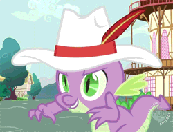 Size: 500x381 | Tagged: safe, derpibooru import, screencap, spike, dragon, secret of my excess, animated, blinking, claws, forked tongue, glare, greed spike, hat, hub logo, male, nictitating membrane, open mouth, pimp hat, smiling, smirk, solo, tongue out