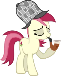 Size: 1600x1971 | Tagged: safe, artist:delectablecoffee, derpibooru import, roseluck, earth pony, pony, deerstalker, detective, eyes closed, female, hat, mare, pipe, simple background, smiling, solo, transparent background, vector