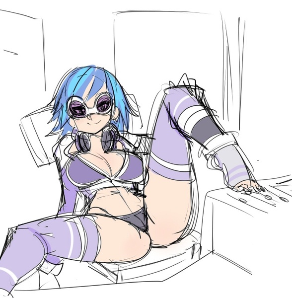 Size: 660x673 | Tagged: artist:maniacpaint, ass, barefoot, bedroom eyes, breasts, busty vinyl scratch, clothes, derpibooru import, feet, female, human, humanized, looking at you, panties, smiling, socks, solo, solo female, spread legs, suggestive, sunglasses, thigh highs, thong, toeless socks, underwear, vinyl scratch