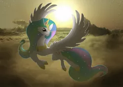 Size: 2000x1414 | Tagged: artist:mirapony, beautiful, cloud, cloudy, derpibooru import, flying, princess celestia, safe, solo, spread wings, sun