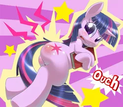 Size: 897x777 | Tagged: suggestive, artist:oze, derpibooru import, twilight sparkle, pony, semi-anthro, unicorn, abstract background, blushing, book, butt blush, crying, female, frown, holding, literal butthurt, looking back, mare, ouch, pain, pixiv, plot, pouting, snot, solo, solo female, spanking, stars, teary eyes, twibutt, unicorn twilight, wavy mouth