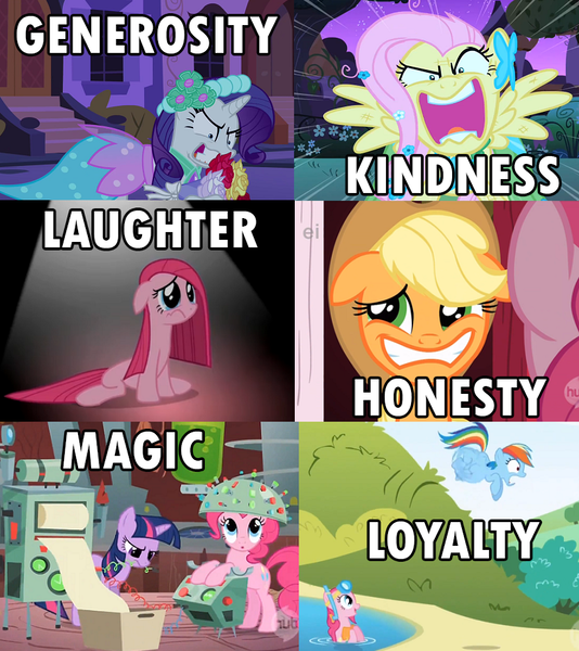 Size: 831x934 | Tagged: applejack, caption, cutie mark failure insanity syndrome, derpibooru import, ei, element of laughter, element of magic, elements of harmony, elements of irony, failure, fluttershy, generosity, honesty, hub logo, insane troll logic, irony, kindness, loyalty, mane six, pinkamena diane pie, pinkie pie, rainbow dash, rarity, safe, twilight sparkle