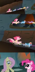 Size: 500x1007 | Tagged: safe, derpibooru import, edit, edited screencap, screencap, applejack, fluttershy, pinkie pie, rainbow dash, spike, twilight sparkle, earth pony, pegasus, pony, a dog and pony show, comic, dragging, female, image, injured, mare, ouch, png, ponies riding ponies, reality ensues, sled, tail, tail pull