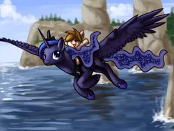 Size: 1024x768 | Tagged: artist:stalcry, crossover, derpibooru import, eyes closed, flying, how to train your dragon, parody, pipsqueak, ponies riding ponies, princess luna, riding, safe, water