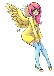 Size: 640x896 | Tagged: artist:stalcry, clothes, derpibooru import, fluttershy, humanized, safe, stockings, winged humanization