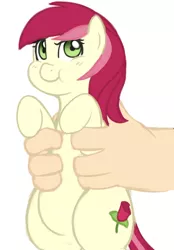 Size: 664x952 | Tagged: safe, artist:elslowmo, artist:redintravenous, derpibooru import, roseluck, human, pony, :t, chubby, cute, frown, glare, hand, holding a pony, looking at you, pouting