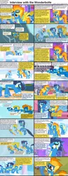 Size: 1282x3304 | Tagged: safe, derpibooru import, edit, edited screencap, screencap, amethyst star, blaze, carrot top, derpy hooves, fleetfoot, golden harvest, high winds, lyra heartstrings, minuette, misty fly, rainbow dash, silver lining, silver zoom, soarin', spitfire, surprise, pegasus, pony, comic:celestia's servant interview, secret of my excess, sonic rainboom (episode), the best night ever, the ticket master, background pony, caption, comic, female, interview, mare, pie, that pony sure does love pies, wonderbolts, wonderbolts uniform