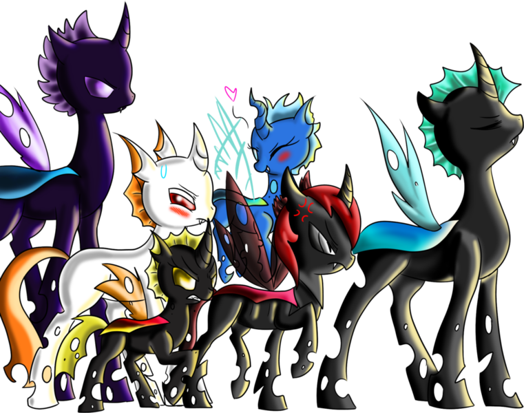 Size: 1007x794 | Tagged: artist:mechafone, blue changeling, changeling, changeling oc, derpibooru import, group, oc, orange changeling, purple changeling, red changeling, safe, unofficial characters only, white changeling, yellow changeling