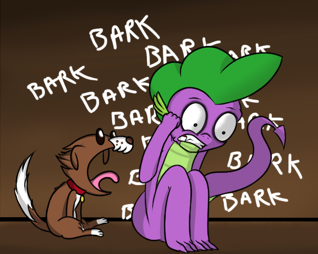 Size: 640x511 | Tagged: safe, artist:spikeandfriends, derpibooru import, spike, winona, dog, dragon, abuse, annoying, barking, brown background, dark, dungeon, funny, gradient background, gritted teeth, insanity, male, open mouth, pain, pet, simple background, sitting, slave, spikeabuse, text, tongue out, wat, wide eyes