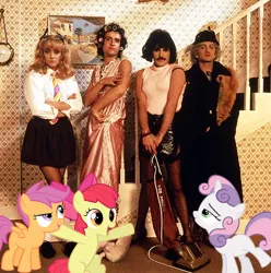 Size: 475x479 | Tagged: safe, derpibooru import, apple bloom, scootaloo, sweetie belle, human, pony, brian may, cutie mark crusaders, freddie mercury, irl, irl human, john deacon, manly, manly as fuck, photo, ponies in real life, queen (band), roger taylor, vector
