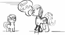 Size: 1486x795 | Tagged: safe, artist:inivonwini, derpibooru import, pipsqueak, oc, oc:littlepip, earth pony, pony, unicorn, fallout equestria, fanfic, black and white, clothes, colt, fanfic art, female, grayscale, horn, male, mare, monochrome, pipbuck, simple background, vault suit, white background