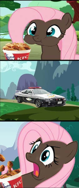 Size: 799x1892 | Tagged: safe, deleted from derpibooru, derpibooru import, fluttershy, chicken, car, fried chicken, image, jpeg, kfc, lord niggertron approves, niggershy, nissan, nissan skyline, police, police car, ponies eating meat, racism, sistashy, skyline r34