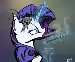 Size: 900x750 | Tagged: safe, artist:nos-talgia, derpibooru import, rarity, unicorn, alcohol, bust, cigarette, cigarette holder, drink, glass, levitation, lidded eyes, magic, smoke, smoking, solo, telekinesis, wine, wine glass