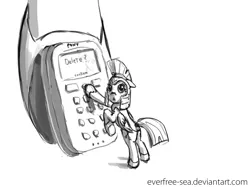 Size: 1000x747 | Tagged: artist:fiddlearts, ask four inept guardponies, derpibooru import, grayscale, monochrome, oc, oc:arrowhead, phone, safe, solo, unofficial characters only