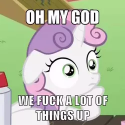 Size: 460x460 | Tagged: derpibooru import, edit, edited screencap, meme, ponyville confidential, safe, screencap, sudden clarity sweetie belle, sweetie belle, vulgar