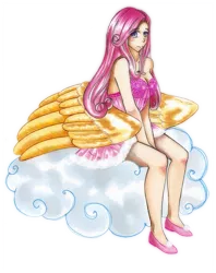 Size: 871x1100 | Tagged: artist:noire-ighaan, clothes, cloud, derpibooru import, dress, fluttershy, humanized, safe, shoulderless, sitting, solo, traditional art, winged humanization