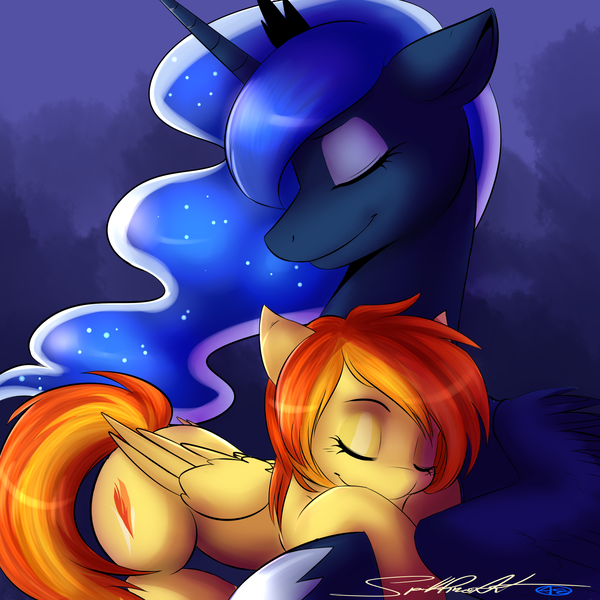 Size: 1600x1600 | Tagged: artist:spittfireart, derpibooru import, female, lesbian, lunafire, princess luna, safe, shipping, sleeping, spitfire