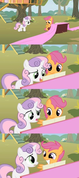 Size: 640x1440 | Tagged: comic, derpibooru import, duo, exploitable, fabric, meme, piano, safe, scootaloo, screencap, screencap comic, sweetie belle, template, the show stoppers