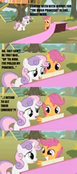 Size: 640x1440 | Tagged: comic, derpibooru import, duo, edit, edited screencap, fabric, lyrics, meme, piano, safe, scootaloo, screencap, screencap comic, sweetie belle, the show stoppers, the swan princess