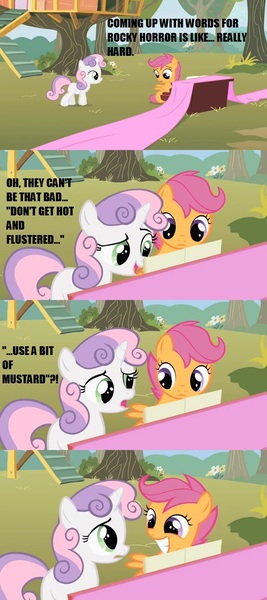 Size: 640x1440 | Tagged: comic, derpibooru import, duo, edit, edited screencap, fabric, lyrics, meme, piano, rocky horror picture show, safe, scootaloo, screencap, screencap comic, sweetie belle, the show stoppers