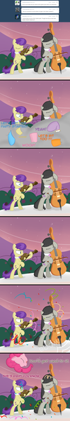 Size: 1000x5933 | Tagged: safe, artist:erthilo, derpibooru import, octavia melody, pinkie pie, symphonia, symphony, earth pony, pony, ask octavia, ask, bipedal, bow (instrument), cello, cello bow, comic, eyes closed, female, mare, musical instrument, party, tumblr, violin, violin bow