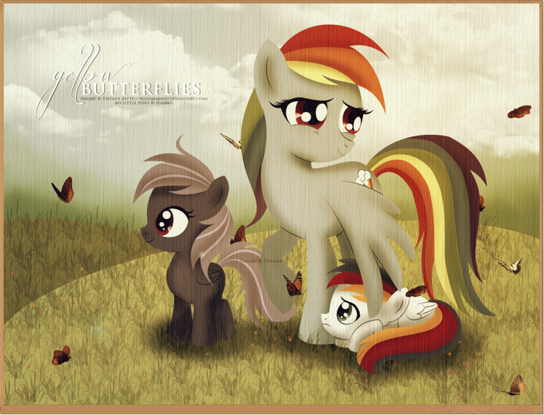 Size: 2031x1552 | Tagged: artist:tiffanymarsou, butterfly, colt, derpibooru import, filly, male, oc, offspring, parent:rainbow dash, parent:soarin', parents:soarindash, rainbow dash, safe