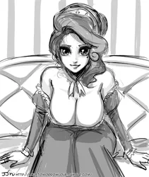 Size: 800x948 | Tagged: artist:johnjoseco, bent over, big breasts, breasts, busty cherry jubilee, cherry jubilee, cleavage, derpibooru import, female, grayscale, huge breasts, human, humanized, monochrome, solo, solo female, suggestive