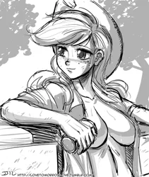Size: 800x948 | Tagged: applejack, artist:johnjoseco, breasts, busty applejack, cleavage, clothes, derpibooru import, female, fence, grayscale, human, humanized, monochrome, open clothes, open shirt, solo, solo female, suggestive, sweat