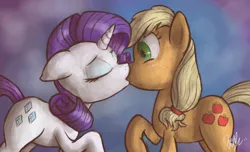 Size: 1024x622 | Tagged: safe, artist:waywardtrail, artist:zestyoranges, derpibooru import, applejack, rarity, female, kissing, lesbian, rarijack, shipping