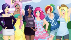 Size: 1280x724 | Tagged: applejack, artist:emberfan11, bag, clothes, dark skin, derpibooru import, dress, ear piercing, earring, female, fluttershy, humanized, jewelry, mane six, piercing, pinkie pie, rainbow dash, rarity, safe, shorts, skirt, twilight sparkle