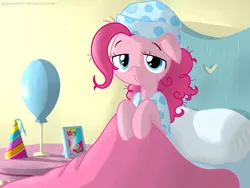 Size: 1024x768 | Tagged: safe, artist:frankier77, derpibooru import, pinkie pie, earth pony, pony, bed, bed hair, clothes, hat, messy mane, morning ponies, nightcap, pajamas, party hat, solo