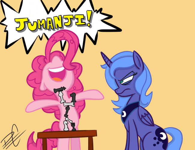 Size: 650x500 | Tagged: safe, artist:palenarrator, derpibooru import, pinkie pie, princess luna, pony, angry, bipedal, cheering, chess, frown, glare, happy, jumanji, open mouth, s1 luna, sitting, smiling